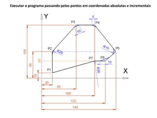 Executar o programa passando pelos pontos em coordenadas absolutas e incrementais
 