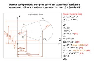 Executar o programa passando pelos pontos em coordenadas absolutas e
incrementais utilizando coordenadas do centro do circulo (I e J) e raio (CR).
Coord. Incrementais
G17G71G90G54
G53G0Z-110D0
T01
M6
G54D01
S2000M3
G0X0Y0Z10 (P0)
G91
G1Z-17F100
X28.33Y31.14 (P1)
G2Y37.72 I6.67 J18.86 (P2)
G1X53.34Y18.85 (P3)
G2Y-75.42 I13.33 J-37.71(P4)
G1X-53.34Y18.85 (P1)
G0Z10
M30
 