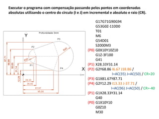 Executar o programa com compensação passando pelos pontos em coordenadas
absolutas utilizando o centro do circulo (I e J) em incremental e absoluto e raio (CR).
G17G71G90G94
G53G0Z-110D0
T01
M6
G54D01
S2000M3
G0X10Y10Z10
G1Z-3F100
G41
X28.33Y31.14
G2Y68.86 I6.67 J18.86 /
I=AC(35) J=AC(50) / CR=20
G1X81.67Y87.71
G2Y12.29 I13.33 J-37.71 /
I=AC(96) J=AC(50) / CR=-40
G1X28.33Y31.14
G40
G1X10Y10
G0Z10
M30
(P0)
(P1)
(P2)
(P3)
(P4)
(P1)
(P0)
 