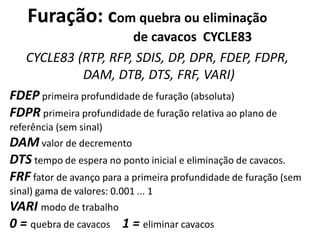Furação: com quebra ou eliminação
de cavacos CYCLE83
CYCLE83 (RTP, RFP, SDIS, DP, DPR, FDEP, FDPR,
DAM, DTB, DTS, FRF, VARI)
FDEP primeira profundidade de furação (absoluta)
FDPR primeira profundidade de furação relativa ao plano de
referência (sem sinal)
DAM valor de decremento
DTS tempo de espera no ponto inicial e eliminação de cavacos.
FRF fator de avanço para a primeira profundidade de furação (sem
sinal) gama de valores: 0.001 ... 1
VARI modo de trabalho
0 = quebra de cavacos 1 = eliminar cavacos
 