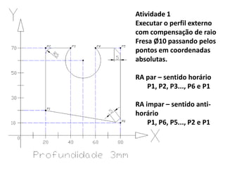 Atividade 1
Executar o perfil externo
com compensação de raio
Fresa Ø10 passando pelos
pontos em coordenadas
absolutas.
RA par – sentido horário
P1, P2, P3..., P6 e P1
RA impar – sentido anti-
horário
P1, P6, P5..., P2 e P1
 