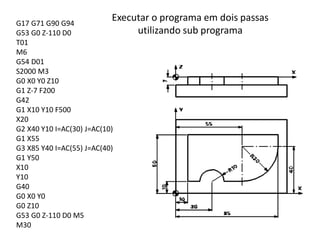Executar o programa em dois passas
utilizando sub programa
G17 G71 G90 G94
G53 G0 Z-110 D0
T01
M6
G54 D01
S2000 M3
G0 X0 Y0 Z10
G1 Z-7 F200
G42
G1 X10 Y10 F500
X20
G2 X40 Y10 I=AC(30) J=AC(10)
G1 X55
G3 X85 Y40 I=AC(55) J=AC(40)
G1 Y50
X10
Y10
G40
G0 X0 Y0
G0 Z10
G53 G0 Z-110 D0 M5
M30
 