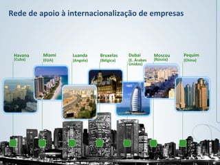 Rede	
  de	
  apoio	
  à	
  internacionalização	
  de	
  empresas	
  



  Havana	
     Miami	
     Luanda	
       Bruxelas	
      Dubai	
             Moscou	
       Pequim	
  
  (Cuba)	
     (EUA)	
     (Angola)	
     (Bélgica)	
     (E.	
  Árabes	
     (Rússia)	
     (China)	
  
                                                          Unidos)	
  
 