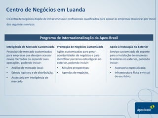 Centro	
  de	
  Negócios	
  em	
  Luanda	
  
O	
  Centro	
  de	
  Negócios	
  dispõe	
  de	
  infraestrutura	
  e	
  proﬁssionais	
  qualiﬁcados	
  para	
  apoiar	
  as	
  empresas	
  brasileiras	
  por	
  meio	
  
dos	
  seguintes	
  serviços:	
  	
  

	
  
	
  
                                          Programa	
  de	
  Internacionalização	
  da	
  Apex-­‐Brasil
	
  
	
  
Inteligência	
  de	
  Mercado	
  Customizada	
   Promoção	
  de	
  Negócios	
  Customizada	
                        Apoio	
  à	
  Instalação	
  no	
  Exterior	
  
Pesquisas	
  de	
  mercado	
  customizadas	
                  Ações	
  customizadas	
  para	
  gerar	
              Serviço	
  customizado	
  de	
  suporte	
  
para	
  empresas	
  que	
  desejam	
  acessar	
  
	
  	
                                                        oportunidades	
  de	
  negócios	
  e	
  para	
        para	
  a	
  instalação	
  de	
  empresas	
  
novos	
  mercados	
  ou	
  expandir	
  suas	
                 iden1ﬁcar	
  parcerias	
  estratégicas	
  no	
        brasileiras	
  no	
  exterior,	
  podendo	
  
operações,	
  podendo	
  incluir:	
  	
                       exterior,	
  podendo	
  incluir:	
  	
                incluir:	
  	
  
•      Análise	
  de	
  mercado	
  local;	
  	
               •    Missões	
  prospec1vas;	
  	
                    •     Assessoria	
  especializada;	
  	
  
•      Estudo	
  logís1co	
  e	
  de	
  distribuição;	
  	
   •    Agendas	
  de	
  negócios.	
                     •     Infraestrutura	
  Psica	
  e	
  virtual	
  
•      Assessoria	
  em	
  inteligência	
  de	
                                                                           de	
  escritório.	
  
       mercado.	
  
 