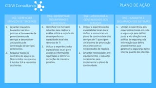 CDJWConsultancy PLANO DE AÇÃO
DS2– GERENCIAR
SERVIÇOS DE TERCEIROS
1. Levantar requisitos
baseados nas boas
práticas e frameworks de
gerenciamento de
serviços e desenvolver
uma política de
contratação de serviços
de terceiros.
2. Reavaliar todos os
contratos de apoio e os
SLA contidos nos mesmo
à luz dos SLA e requisitos
de clientes.
DS3– GERENCNIAR
DESEMPENHO E
CAPACIDADE
1. Identificar no mercado
soluções para realizar a
análise crítica e reporte do
desempenho e a
capacidade atual dos
recursos de TI
2. Utilizar a experiência dos
especialistas locais para
avaliar as informações
reportadas e definir as
correções de maneira
proativa.
DS4 – ASSEGURAR A
CONTINUIDADE DOS
SERVIÇOS
DS5 – GARANTIR A
SEGURANÇA DOS SISTEMAS
1. Utilizar a experiência dos
especialistas locais para
definir e comunicar um
plano de continuidade dos
serviços de TI que sigam
um sistema de priorização
de acordo com as
necessidades de negócio.
2. Levantar necessidades em
equipamentos e soluções
necessárias para
implementar o plano de
continuidade.
1. Utilizar a experiência dos
especialistas locais em rede
e segurança para definir
junto a alta direção uma
política de segurança da
informação que defina
procedimentos que
garantam a segurança tanto
interna quanto dos clientes.
 
