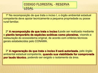 Codigo florestal - reserva legal§ 1º Na recomposição de que trata o inciso I, o órgão ambiental estadual competente deve apoiar tecnicamente a pequena propriedade ou posse rural familiar. § 2º A recomposição de que trata o inciso I pode ser realizada mediante o plantio temporário de espécies exóticas como pioneiras, visando a restauração do ecossistema original, de acordo com critérios técnicos gerais estabelecidos pelo CONAMA. § 3º A regeneração de que trata o inciso II será autorizada, pelo órgão ambiental estadual competente, quando sua viabilidade for comprovada por laudo técnico, podendo ser exigido o isolamento da área. 