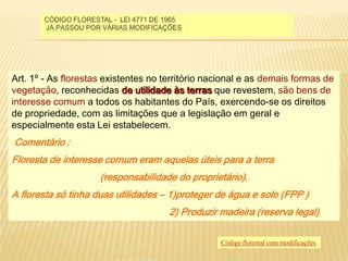 Código Florestal -  LEI 4771 DE 1965  Já passou por várias modificações  Art. 1º - As florestas existentes no território nacional e as demais formas de vegetação, reconhecidas de utilidade às terras que revestem, são bens de interesse comum a todos os habitantes do País, exercendo-se os direitos de propriedade, com as limitações que a legislação em geral e especialmente esta Lei estabelecem.  Comentário :Floresta de interesse comum eram aquelas úteis para a terra (responsabilidade do proprietário).A floresta só tinha duas utilidades – 1)proteger de água e solo (FPP )                                                                        2) Produzir madeira (reserva legal)Código florestal com modificações 