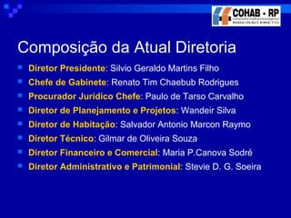 Composição da Atual Diretoria
 Diretor Presidente: Silvio Geraldo Martins Filho
 Chefe de Gabinete: Renato Tim Chaebub Rodrigues
 Procurador Jurídico Chefe: Paulo de Tarso Carvalho
 Diretor de Planejamento e Projetos: Wandeir Silva
 Diretor de Habitação: Salvador Antonio Marcon Raymo
 Diretor Técnico: Gilmar de Oliveira Souza
 Diretor Financeiro e Comercial: Maria P.Canova Sodré
 Diretor Administrativo e Patrimonial: Stevie D. G. Soeira
 