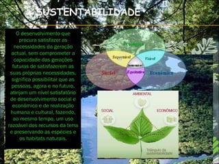 SUSTENTABILIDADE O desenvolvimento que procura satisfazer as necessidades da geração actual, sem comprometer a capacidade das gerações futuras de satisfazerem as suas próprias necessidades, significa possibilitar que as pessoas, agora e no futuro, atinjam um nível satisfatório de desenvolvimento social e económico e de realização humana e cultural, fazendo, ao mesmo tempo, um uso razoável dos recursos da terra e preservando as espécies e os habitats naturais.      
