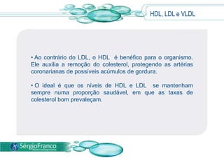 HDL, LDL e VLDLO fígado acondiciona os triglicerídeos na forma de VLDL e os despacha, pela corrente sanguínea para as células, juntamente com menores quantidades de colesterol e proteínas.