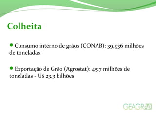 Consumo interno de grãos (CONAB): 39,936 milhões
de toneladas
Exportação de Grão (Agrostat): 45,7 milhões de
toneladas - U$ 23,3 bilhões
Colheita
 