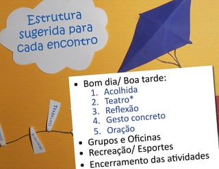 •	 Bom dia/ Boa tarde:
1.	 Acolhida
2.	 Teatro*
3.	 Reflexão
4.	 Gesto concreto
5.	 Oração
•	 Grupos e Oficinas
•	 Recreação/ Esportes
•	 Encerramento das atividades
Estrutura
sugerida para
cada encontro
 