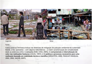 Legenda

Nota:

Fonte:

Como estância intrínseca inclusa nas diretrizes de mitigação de poluição ambiental da sustentabilidade, o lixo apresenta – com alguma redundância – a maior caracterização de complexidade
dado as estâncias entre: i) consumo (KIM; CHOI, 2005); ii) compreensão e internalização do
valor nas realizações humanas (HAUG, 1997); e iii) práticas e processos necessários para uma
realização baseada em viabilidade técnica e científica (ARDAYFIO, 2000, FRASCATI MANUAL
2002, 2002, SACHS, 2007).

 