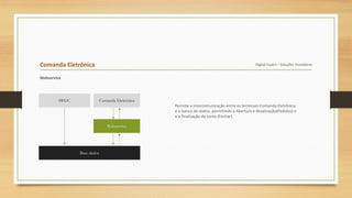 Comanda Eletrônica Digital Expert – Soluções Inovadoras
Webservice
Permite a intercomunicação entre os terminais Comanda Eletrônica
e o banco de dados, permitindo a Abertura e Atualização(Pedidos) e
e a finalização da conta (Fechar).
IWGC
Base dados
Comanda Eletrônica
Webservice
 