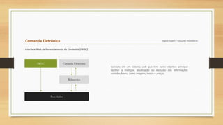 Comanda Eletrônica Digital Expert – Soluções Inovadoras
Interface Web de Gerenciamento de Conteúdo (IWGC)
Consiste em um sistema web que tem como objetivo principal
facilitar a inserção, atualização ou exclusão das informações
contidas Menu, como imagens, textos e preços.
IWGC
Base dados
Comanda Eletrônica
Webservice
 