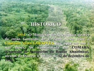 HISTÓRICO 1954  - O Ministério da Aeronáutica através do então Comando da 1ª Zona Aérea criou a  Comissão Mista FAB/SPVEA  que, após um ano e sete meses, foi transformada em  COMARA (Comissão de Aeroportos da Região Amazônica),  através do Decreto nº 40.551 de  12 de dezembro de 1956. 