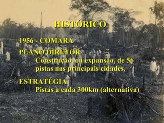 HISTÓRICO 1956 - COMARA PLANO DIRETOR Construção, ou expansão, de 56  pistas nas principais cidades. ESTRATÉGIA Pistas a cada 300km (alternativa) 