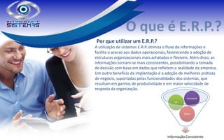 Por que utilizar um E.R.P.?
A utilização de sistemas E.R.P. otimiza o fluxo de informações e
facilita o acesso aos dados operacionais, favorecendo a adoção de
estruturas organizacionais mais achatadas e flexíveis. Além disso, as
informações tornam-se mais consistentes, possibilitando a tomada
de decisão com base em dados que refletem a realidade da empresa.
Um outro benefício da implantação é a adoção de melhores práticas
de negócio, suportadas pelas funcionalidades dos sistemas, que
resultam em ganhos de produtividade e em maior velocidade de
resposta da organização.

                                                     Variedade
                                             de



                                                   Dados




                                         Informação Consistente
 