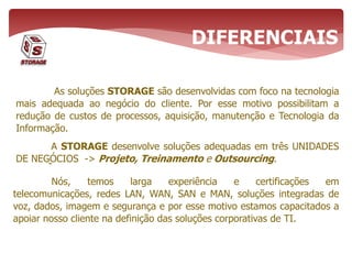 As soluções STORAGE são desenvolvidas com foco na tecnologia
mais adequada ao negócio do cliente. Por esse motivo possibilitam a
redução de custos de processos, aquisição, manutenção e Tecnologia da
Informação.
A STORAGE desenvolve soluções adequadas em três UNIDADES
DE NEGÓCIOS -> Projeto, Treinamento e Outsourcing.
DIFERENCIAIS
-
Nós, temos larga experiência e certificações em
telecomunicações, redes LAN, WAN, SAN e MAN, soluções integradas de
voz, dados, imagem e segurança e por esse motivo estamos capacitados a
apoiar nosso cliente na definição das soluções corporativas de TI.
 