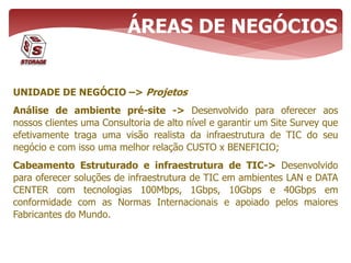 ÁREAS DE NEGÓCIOS
UNIDADE DE NEGÓCIO –> Projetos
Análise de ambiente pré-site -> Desenvolvido para oferecer aos
nossos clientes uma Consultoria de alto nível e garantir um Site Survey que
efetivamente traga uma visão realista da infraestrutura de TIC do seu
negócio e com isso uma melhor relação CUSTO x BENEFICIO;
Cabeamento Estruturado e infraestrutura de TIC-> Desenvolvido
para oferecer soluções de infraestrutura de TIC em ambientes LAN e DATA
CENTER com tecnologias 100Mbps, 1Gbps, 10Gbps e 40Gbps em
conformidade com as Normas Internacionais e apoiado pelos maiores
Fabricantes do Mundo.
 