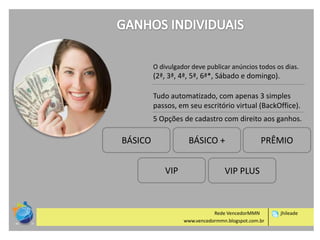 O divulgador deve publicar anúncios todos os dias.

(2ª, 3ª, 4ª, 5ª, 6ª*, Sábado e domingo).
Tudo automatizado, com apenas 3 simples
passos, em seu escritório virtual (BackOffice).
5 Opções de cadastro com direito aos ganhos.

BÁSICO

BÁSICO +
VIP

PRÊMIO

VIP PLUS

Rede VencedorMMN
www.vencedormmn.blogspot.com.br

jhileade

 