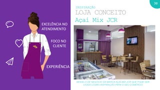 30
LOJA CONCEITO
Açaí Mix JCR
INSPIRAÇÃO
EXCELÊNCIA NO
ATENDIMENTO
FOCO NO
CLIENTE
EXPERIÊNCIA
MODELO DE NEGÓCIO DA MARCA AÇAÍ MIX JCR QUE PODE SER
USADO COMO INSPIRAÇÃO PARA O SEU COMÉRCIO
 