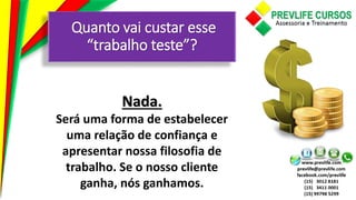 Quanto vai custar esse
“trabalho teste”?
Nada.
Será uma forma de estabelecer
uma relação de confiança e
apresentar nossa filosofia de
trabalho. Se o nosso cliente
ganha, nós ganhamos.
 