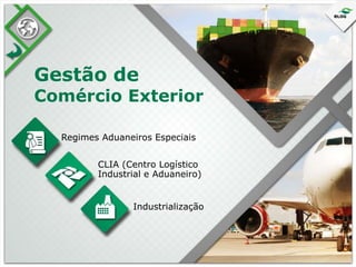 Gestão de

Comércio Exterior
Regimes Aduaneiros Especiais
CLIA (Centro Logístico
Industrial e Aduaneiro)
Industrialização

 
