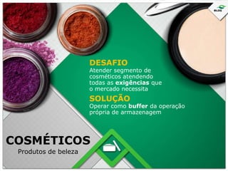 DESAFIO

Atender segmento de
cosméticos atendendo
todas as exigências que
o mercado necessita

SOLUÇÃO

Operar como buffer da operação
própria de armazenagem

COSMÉTICOS
Produtos de beleza

 