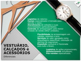 Logística de retorno;
Equipe especializada e treinada para
atender o setor;
Atendimento de coleções e suas
sazonalidades/ particularidades;
Controle de armazenagem pela menor
unidade de venda (SKU/ unidade);

VESTUÁRIO,
CALÇADOS e
ACESSÓRIOS
Diferenciais

Flexibilidade na armazenagem em
cabides, estantes e bins;
Serviços de valor agregado como
etiquetagens específicas, colocação de
alarmos de segurança;
Expedição exclusiva e fracionada
para todo o Brasil;
Logística de ações promocionais;
Abastecimento simultâneo;
Pós-vendas especializado.

 