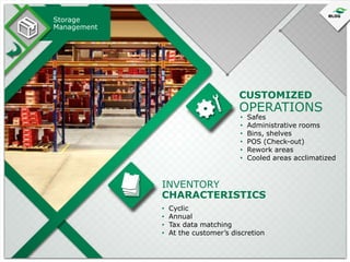 Storage
Management

CUSTOMIZED

OPERATIONS
•
•
•
•
•
•

Safes
Administrative rooms
Bins, shelves
POS (Check-out)
Rework areas
Cooled areas acclimatized

INVENTORY
CHARACTERISTICS
•
•
•
•

Cyclic
Annual
Tax data matching
At the customer’s discretion

 