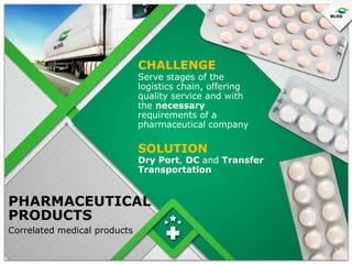 CHALLENGE

Serve stages of the
logistics chain, offering
quality service and with
the necessary
requirements of a
pharmaceutical company

SOLUTION

Dry Port, DC and Transfer
Transportation

PHARMACEUTICAL
PRODUCTS
Correlated medical products

 