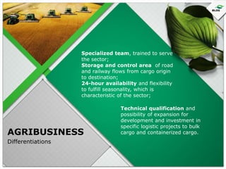 Specialized team, trained to serve
the sector;
Storage and control area of road
and railway flows from cargo origin
to destination;
24-hour availability and flexibility
to fulfill seasonality, which is
characteristic of the sector;

AGRIBUSINESS
Differentiations

Technical qualification and
possibility of expansion for
development and investment in
specific logistic projects to bulk
cargo and containerized cargo.

 