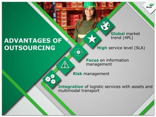 ADVANTAGES OF
OUTSOURCING

Global market
trend (4PL)
High service level (SLA)
Focus on information
management
Risk management

Integration of logistic services with assets and
multimodal transport

 