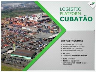 LOGISTIC

PLATFORM

CUBATÃO

INFRASTRUCTURE
•
•
•
•

Total Area: 443,000 m²
Warehouse Area: 8,000m²
Yard Area: 350,000 m²
Flammable Area: 500 m²

• 16 gates
• Outlets for container Reefer
• Data collectors
• Scanner equipment
• Complete web-based cargo
monitoring

 