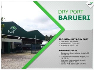 DRY PORT

BARUERI

TECHNICAL DATA-DRY PORT
• Total Area: 32,400m²
• Warehouses: 18,000m²
• Number of Docks: 30

MAIN DISTANCES
• Congonhas International Airport, SP
|SP 28 Km
• Guarulhos International Airport, SP
|SP 39 Km
• Viracopos International Airport,
Campinas |SP 74 Km
• Santos Port, Santos|SP 105 Km

 