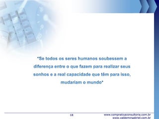 www.valdemirgabriel.com.brwww.compraticacapacitacao.com.br
Damaris Pádua
fundadora e sócio coordenadorara da Comprática Capacitação
Empresarial.
falecom@compraticacapacitacao.com.br
Fundadora e sócia Coordenadora da empresa Comprática Consultoria,
atuou 8 anos no Grupo Pão de Açúcar treinando e liderando equipes. Atua
a 2 anos como consultora e Coach na área de Franquia dentro de
organizações e ministra treinamentos comportamentais há 5 anos. Esteve
à frente de duas unidades da rede de Franquia Casa do Construtor Bauru
e Jaú. Atuando como Gestora e Coach com sucesso. Coordena o
treinamento Líder do Futuro (Líder Coaching) para grupos pelo Brasil há
05 anos. É Graduada em tecnologia em Informática (Faculdade Prudente
de Moraes/Itu/SP), Pós Graduando Gestão de Franquia (FIA/SP);
Formada em Consultoria para Organizações – (IBCO/SP), Treinadora pelo
IFT (Instituto de Formação de Treinadores), Comunicadora formada em
Rádio – Setor Locução/SENAI-Bauru/SP; Pós Graduando Gestão de
Pessoas com ênfase em Coaching (IBC); Formada em PNL (Programação
Neurolinguística) pela IE Challenge Consultoria & Treinamentos, Practitier
em PNL - Actius ; Coach - Personal Self Coaching - Certificação
Internacional - IBC (Instituto Brasileiro de Coaching). Hipnose – Instituto
Luz e Ciência/S.P.;Terapia de Casais e Família e Psicodrama (IBAP)
Bauru-SP.
www.compraticacapacitacao.com.br /
damaris@compraticacapacitacao.com.br
Equipe
 