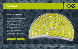 Framework
A Eiti é o seu parceiro estratégico em
TI, integrando tecnologias para
entregar soluções. Soluções
específicas em INFRAESTRTURA de
TI, soluções específicas em
HARDWARE, soluções em SOFTWARE
ou uma solução customizada às
necessidades de sua empresa de
forma integrada e completa.
Sua parceria estratégica começa com
um posicionamento diferenciado e
inovador, a Eiti Soluções sem Limites.
Visão Estratégica de TI
 