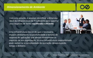 Dimensionamento de Ambiente
Com esta solução, é possível identificar a dimensão
ideal da infraestrutura de TI suficiente para suportar
seus negócios de forma equilibrada e eficiente.
Uma infraestrutura menor do que o necessário
impacta diretamente na produtividade e tempos de
resposta de aplicações que afetam diretamente os
negócios de sua organização. Já uma infraestrutura superestimada
pode aumentar a complexidade da operação, desperdiçando
tempo e dinheiro.
 