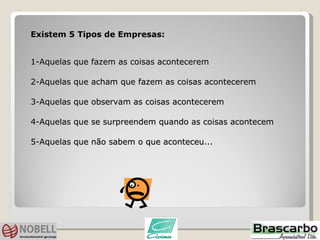 Existem 5 Tipos de Empresas: 1-Aquelas que fazem as coisas acontecerem 2-Aquelas que acham que fazem as coisas acontecerem 3-Aquelas que observam as coisas acontecerem 4-Aquelas que se surpreendem quando as coisas acontecem 5-Aquelas que não sabem o que aconteceu... 