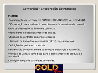 Comercial - Integração Estratégica Pilares: Segmentação do Mercado em CONSUMIDOR/INDUSTRIAL e REVENDA. Diferenciação do atendimento aos clientes e da cobertura de mercado. Grau de adequação da estrutura comercial. Treinamento e desenvolvimento da equipe. Utilização de controles comerciais eficazes Utilização de indicadores comerciais (KPI’s) representativos. Definição das políticas comerciais. Implantação do novo sistema de estoque, separação e expedição. Previsão de vendas como base para o planejamento de produção e importação. Definição adequada das metas de vendas. 