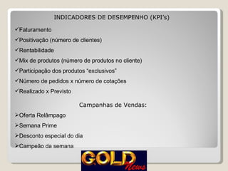 INDICADORES DE DESEMPENHO (KPI’s) Faturamento Positivação (número de clientes) Rentabilidade Mix de produtos (número de produtos no cliente) Participação dos produtos “exclusivos” Número de pedidos x número de cotações Realizado x Previsto Campanhas de Vendas: Oferta Relâmpago Semana Prime Desconto especial do dia Campeão da semana 