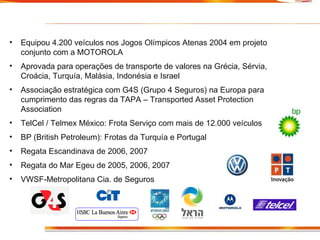 Destaques Internacionais Equipou 4.200 veículos nos Jogos Olímpicos Atenas 2004 em projeto conjunto com a MOTOROLA Aprovada para operações de transporte de valores na Grécia, Sérvia, Croácia, Turquía, Malásia, Indonésia e Israel Associação estratégica com G4S (Grupo 4 Seguros) na Europa para cumprimento das regras da TAPA – Transported Asset Protection Association TelCel / Telmex México: Frota Serviço com mais de 12.000 veículos BP (British Petroleum): Frotas da Turquía e Portugal Regata Escandinava de 2006, 2007 Regata do Mar Egeu de 2005, 2006, 2007 VWSF-Metropolitana Cia. de Seguros 
