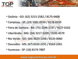 Goiânia - GO: (62) 3215-2582 / 8175-0408 Campinas - SP: (19) 3381-0550 / 8178-0550 Feira de Santana - BA: (75) 3246-1737 / 9127-0162 Uberlândia - MG: (34) 3217-5209 / 9195-4579 Rio Verde - GO: (64) 3623-1358 / 8135-0060 Dourados - MS: (67) 8163-2251 / 8163-2261 Ituverava - SP: (16) 8174-7887 
