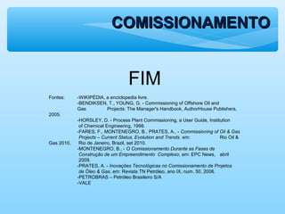 COMISSIONAMENTOCOMISSIONAMENTO
FIM
Fontes: -WIKIPÉDIA, a enciclopedia livre.
-BENDIKSEN, T., YOUNG, G. - Commissioning of Offshore Oil and
Gas Projects: The Manager's Handbook, AuthorHouse Publishers,
2005.
-HORSLEY, D. - Process Plant Commissioning, a User Guide, Institution
of Chemical Engineering, 1998.
-FARES, F., MONTENEGRO, B., PRATES, A., - Commissioning of Oil & Gas
Projects – Current Status, Evolution and Trends. em: Rio Oil &
Gas 2010, Rio de Janeiro, Brazil, set 2010.
-MONTENEGRO, B., - O Comissionamento Durante as Fases de
Construção de um Empreendimento Complexo, em: EPC News, abril
2009.
-PRATES, A. - Inovações Tecnológicas no Comissionamento de Projetos
de Óleo & Gas. em: Revista TN Petróleo, ano IX, num. 50, 2006.
-PETROBRAS – Petróleo Brasileiro S/A
-VALE
 