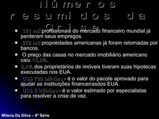 Números resumidos da Crise. 121 mil  profissionais do mercado financeiro mundial já perderam seus empregos. 272 mil  propriedades americanas já foram retomadas por bancos. O preço das casas no mercado imobiliário americano caiu  15,8%. 8,4%  dos proprietários de imóveis tiveram suas hipotecas executadas nos EUA. US$ 700 bilhões  - é o valor do pacote aprovado para ajudar as instituições financeirasdos EUA. US$ 5 trilhões  - é o valor estimado por especialistas para resolver a crise de vez. Milena Da Silva – 8º Série 