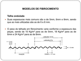 MODELOS DE FIBROCIMENTO

  Telha ondulada
 Suas espessuras mais comuns são a de 5mm, 6mm e 8mm, sendo
  que as mais utilizadas são as de 6 e 8 mm.

 O peso do telhado em fibrocimento varia conforme a espessura das
  peças, sendo de 15 Kg/m² para as de 5mm, 18 Kg/m² para as de
  6mm e 24 Kg/m² para as de 8mm.
 