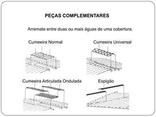 PEÇAS COMPLEMENTARES

  Arremate entre duas ou mais águas de uma cobertura.

  Cumeeira Normal                Cumeeira Universal




Cumeeira Articulada Ondulada        Espigão
 