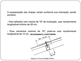 A superposição das chapas variam conforme sua inclinação, sendo
portanto:

- Para telhados com menos de 15º de inclinação, usar recobrimento
longitudinal mínimo de 20 cm;

- Para caimentos maiores de 15º, pode-se usar recobrimento
longitudinal de 14 cm.
 