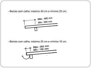 - Beirais sem calha: máximo 40 cm e mínimo 25 cm;




- Beirais com calha: máximo 25 cm e mínimo 10 cm.
 